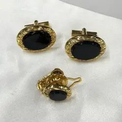 ゴールドメッキ オーバル型カフスボタン ネクタイピンセット