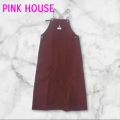 【PINK HOUSE】ジャンパースカート　ブラウン　多ポケット刺繍　ロング丈
