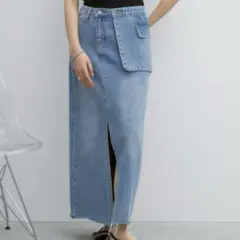 アシメサロン付きスリットデニムロングスカート　Aunt Marie's