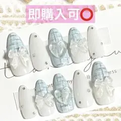 ネイルチップ現品オーダー量産型フレンチガーリーツイードワンホンスナ系水色ちゅるん