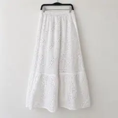 GU コットン レース ティアード フレア ロングスカート ホワイト M