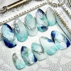 ブルー×マリン×シェル×グラデーション×シルバーミラー×ニュアンスネイルチップ