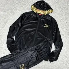PUMA セットアップ ジャージ 黒 金 光沢 刺繍ロゴ トラックジャケット L