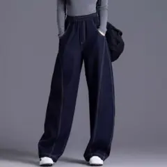 デニム ゴム ウエスト ハイウエスト ゆったり スリム見え ワイドパンツ