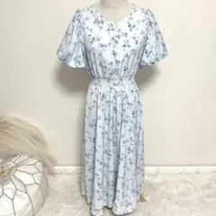 Honeys ワンピース ボリューム袖ワンピース 花柄 ライトブルー Lサイズ
