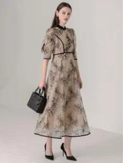 パイピングハイネック花柄ラメレースワンピースドレス結婚式二次会パーティー成人式