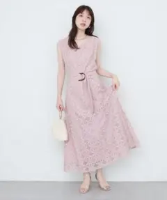 natural couture ウエストベルト付きカラーレースワンピース