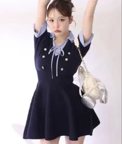 ナイスクラップ シャツレイヤード半袖ニットワンピース ネイビー Mサイズ