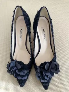 値下げ！DIANA 24㎝ ネイビー ツイードフラワーパンプス