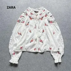 ザラ 花柄刺繍レースボヘミアンブラウス ボリューム袖　前開き　M　m642