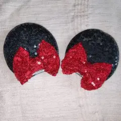 耳型ヘアピン 赤 ディズニー ミニー ベビー リボン付スパンコール付き赤リボン②