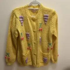 フルーツ刺繍イエローニットカーディガン Lサイズ