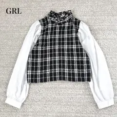 GRL 異素材ツイードフリルブラウス ボリュームスリーブ チェック柄 ハイネック