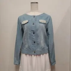 『tocco』デニム ノーカラージャケット パール装飾