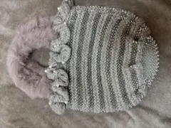 ビーズとファーのストライプ巾着袋