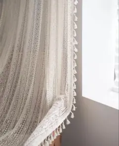 アイボリー レースカーテン タッセル付き