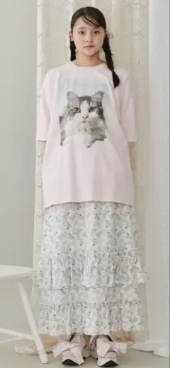 猫プリント 半袖Tシャツ ピンクのサムネイル