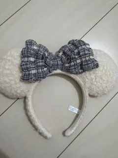 ミッキー型カチューシャ チェックリボン付き