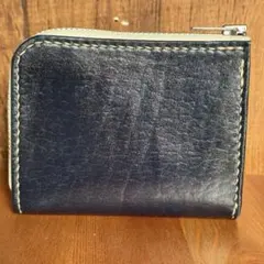 本革 L字 ファスナー ウォレット 濃紺 イエロー 財布 手縫い 手染め