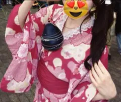 赤色とピンクの花柄 浴衣・帯セット　浴衣ドレス