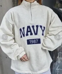 新品タグ付き ハーフジップ ネイビー ロゴ刺繍 裏起毛スウェットシャツ