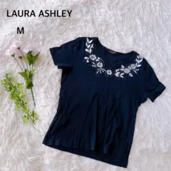 ローラアシュレイ Tシャツ 花柄 刺繍 上品 M 紺 半袖 コットン100%