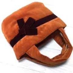 ハンドメイド新品＊別珍トートバッグオレンジテラコッタキルト芯入ポケット・リボン付