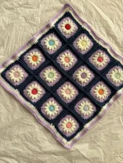 かぎ針編み/花モチーフ/マルチカバー/ネイビー/パープル