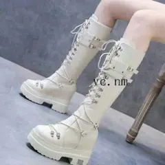 ロングブーツ ジョッキーブーツ レディース ローヒール 厚底ブーツ 編み上げ6