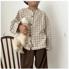 新品　キッズ　ベビー　ノーカラー　チェック　長袖シャツ　ブラウン