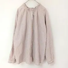 studio CLIP ブラウン系ストライプ 長袖シャツ フリル バンドカラー