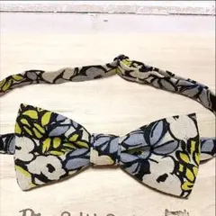 ハンドメイド★麻混綿生地★お花柄の蝶ネクタイ★マスタードイエロー系★フリーサイズ