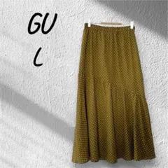 GU ジーユー ドットプリント アシンメトリー ティアードスカート オリーブ L