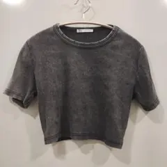 ZARA リブ クルーネック 半袖 ダメージTシャツ グレー Lのサムネイル