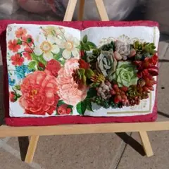 めろりんお手製、ミニモルタルBOOK　そのまま飾れる寄せ植え 『赤い花』