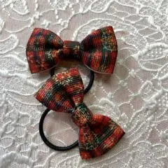クリスマスカラフルチェックリボンヘアゴム2個セット