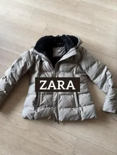 ZARA フード付きダウンコート　ウェストシェイプ　グレージュ　グレー　ベージュ