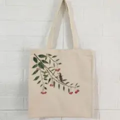 手描き トートバッグ 1点物 小鳥とさくらんぼ マチ無し ハンドメイド