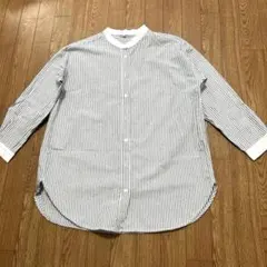 ストライプ 長袖 バンドカラーシャツ