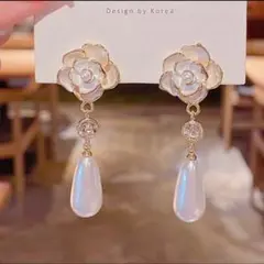 フラワーカメオピアス花ゴールド雫パール調上品華やか高見えきれいめイベント揺れる