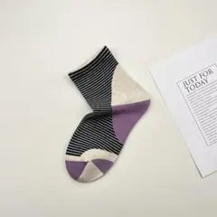 ストライプ カラーブロック ブラック パープル ソックス クルー 靴下 1108