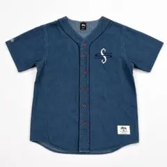 STUSSY デニム ベースボールシャツ M 半袖 刺繍ロゴ ステューシーのサムネイル