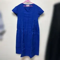 Ray BEAMS 麻 バックタック キーネック ブルー ワンピースのサムネイル