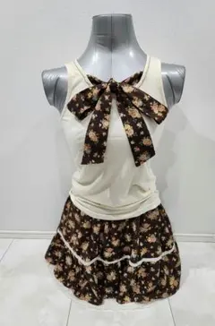 y2k 姫系 森ガール 花柄 レース リボン タンク スカート 2点セット