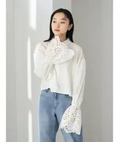 アースミュージックアンドエコロジー 袖レースショートシャツブラウス ホワイト F