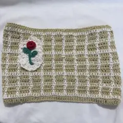 【バラモチーフ】文庫本ブックカバー　ハンドメイド/編み物/グラフチェック柄