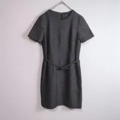 ワンピース (M〜L) ベルト付き 裏地あり ツイード風 背中ジップ グレー系