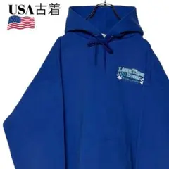 90sヴィンテージUSA古着 Hanesパーカー 青 L 刺繍ロゴ スウェット