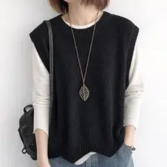 ニットベスト レディース ブラック 春秋 レイヤード 重ね着 春服 体型カバー