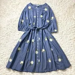 ピンクハウス　ロングワンピース　花柄　刺繍　シャンブレー　ティアード　2021